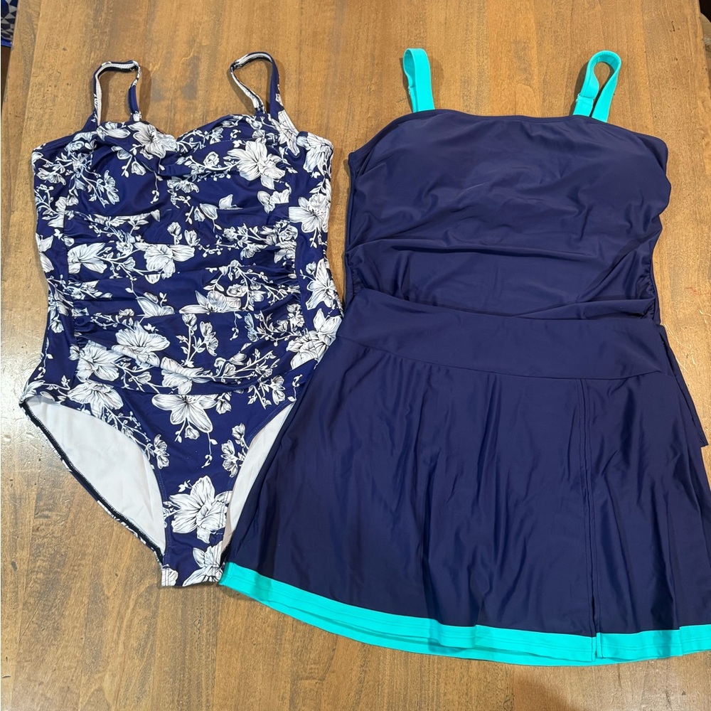 Floral and Solid Navy Swimsuit Set